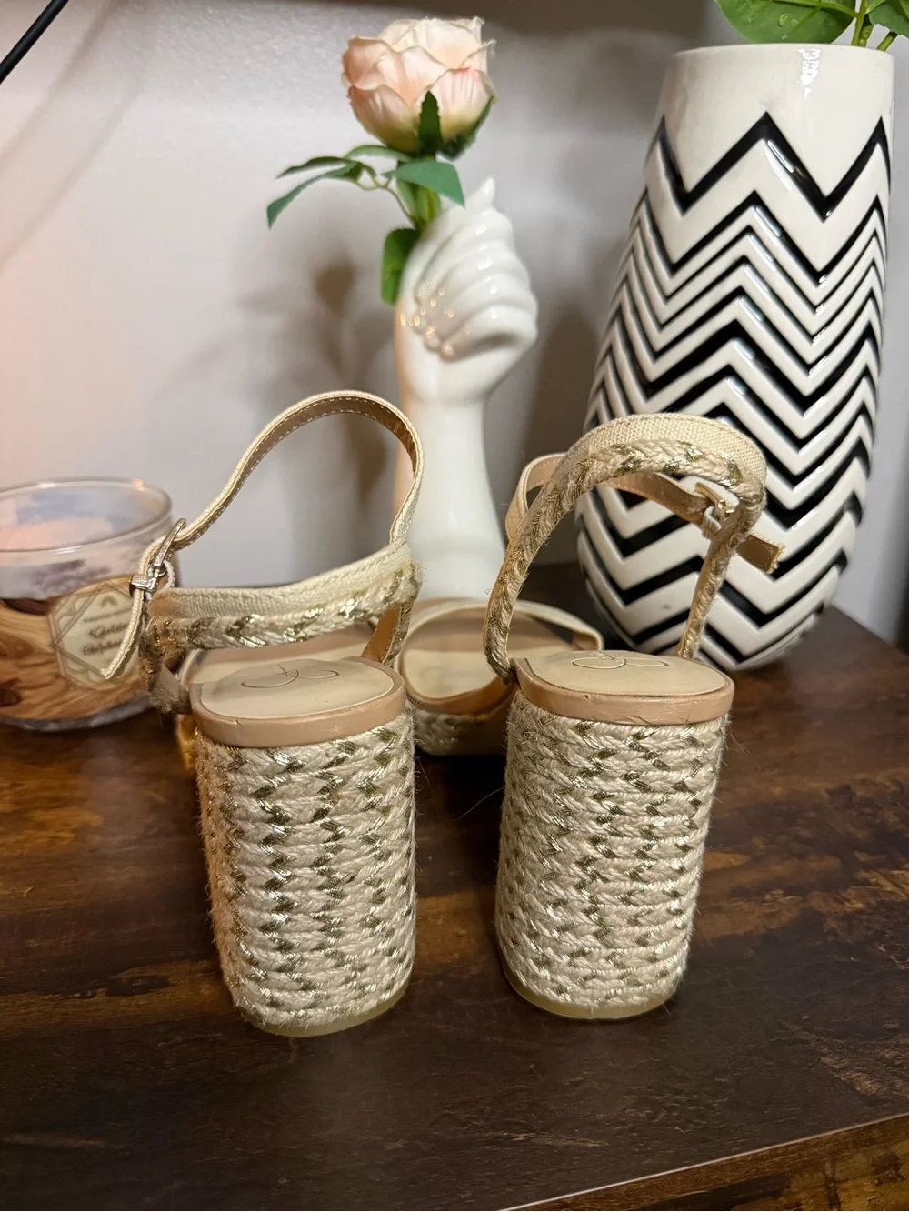 Jessica Simpson Beige Espadrille Block Heel Sandals with Ankle Strap